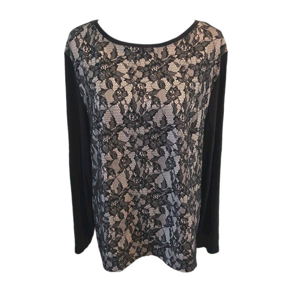 Chico's Black Floral Lace Overlay Top Long Sleeve Nude Lined Size 3 US XL 16